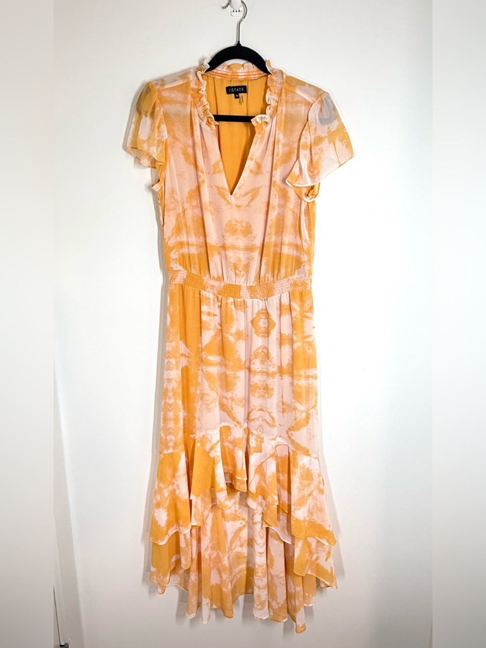 1. STATE Nordstrom Orange Tie-Dye High-Low Ruffle Midi Boho Dress Smocked Waist